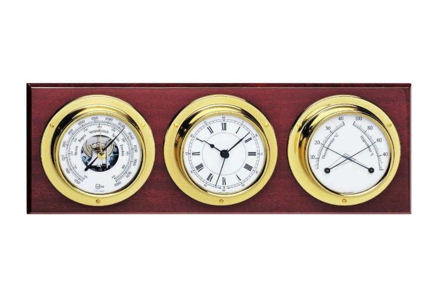 Barigo Combi Horizontal Baro-Comfort meter Brass Weather Stn Mahogany Wood Base Dial Dia. 85 L370 x W130 mm
