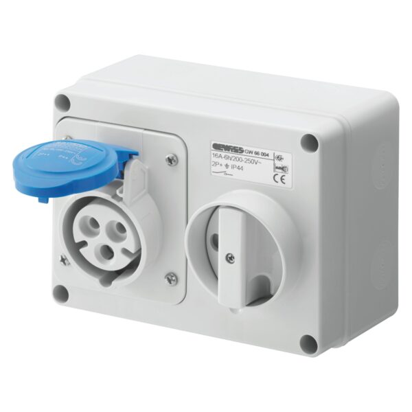 GEWISS FIXED INTERLOCKED HORIZONTAL SOCKET-OUTLET - WITH BOTTOM - WITHOUT FUSE-HOLDER BASE - 2P+E 16A 200-250V - 50-60HZ 6H - IP44 GW66004