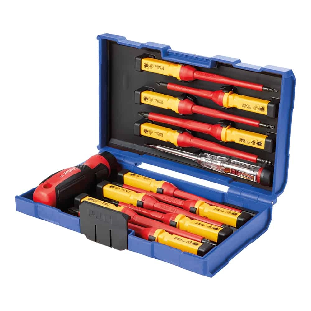Gazelle G80363 1000V Insulated Screwdriver Set, 13-Pieces - includes Slotted, Phillips, Pozidriv, Torx, Single-Pole Voltage Tester, Screwdriver Handle and Plastic Case