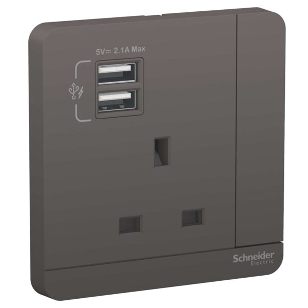 SChNEIDER Electric 1 Gang Switched Socket W-2 USB Charging Ports (8.5 cm)